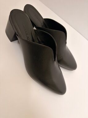 Black Leather V-Cut Block Heel Mules by Rebecca Minkoff